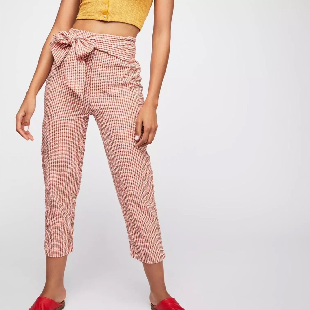 Free People West Side Tie Orange Gingham Pant Crop Check Seersucker Taper Capri